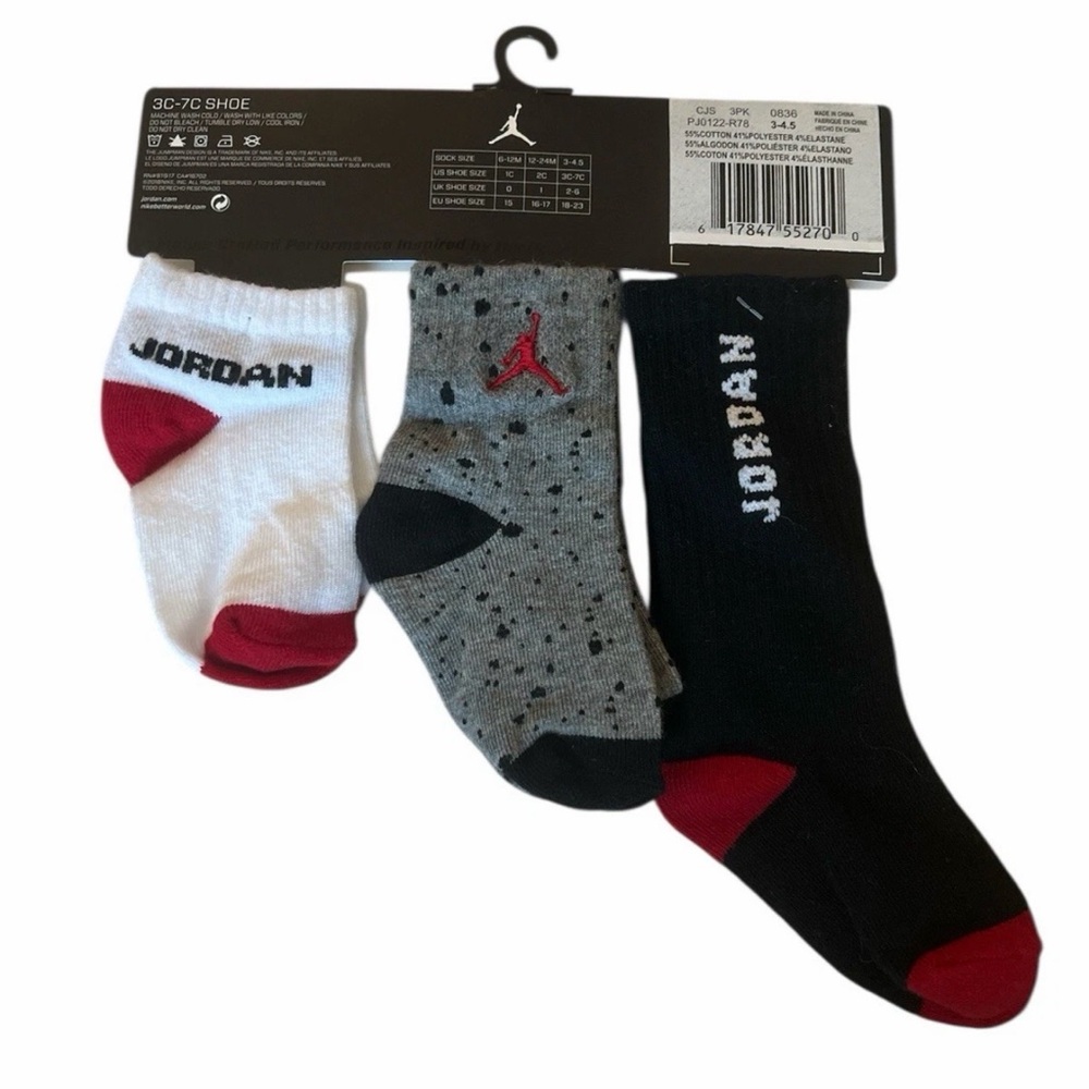Jordan Kids Socks 3-Pack - Black, Gray, White with Red Details - Picture 2 of 2